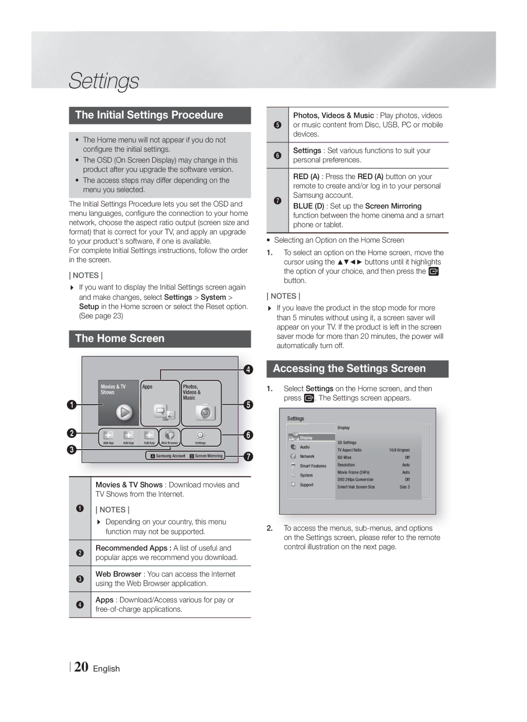 Samsung HT-F6550W/SJ manual Initial Settings Procedure, Home Screen, Accessing the Settings Screen 