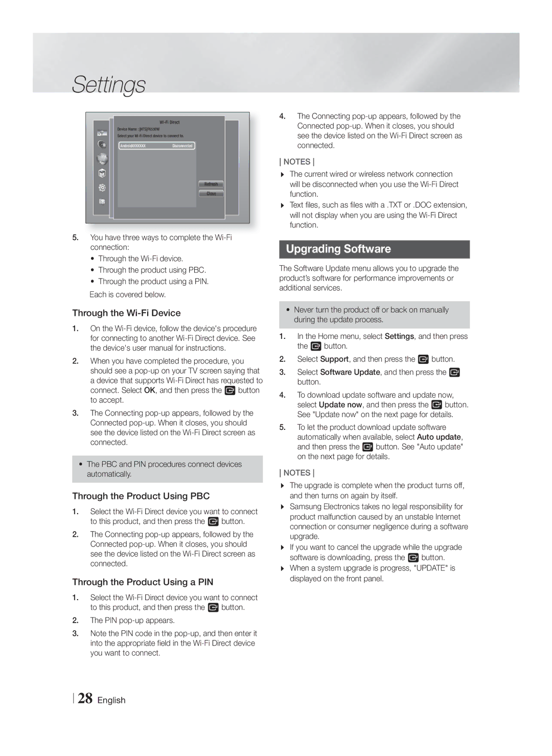 Samsung HT-F6550W/SJ manual Upgrading Software, Through the Wi-Fi Device, Through the Product Using PBC 