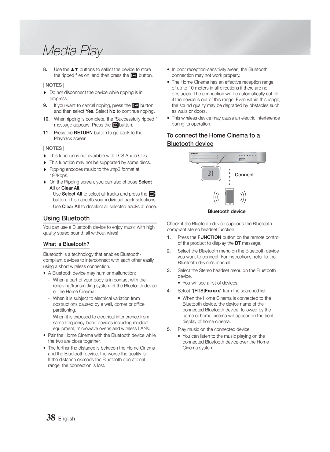 Samsung HT-F6550W/SJ manual Using Bluetooth, What is Bluetooth?, Do not disconnect the device while ripping is in progress 