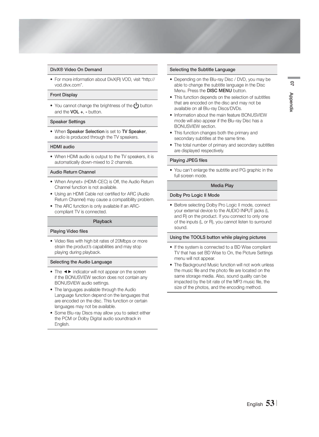 Samsung HT-F6550W/SJ manual Appendix 