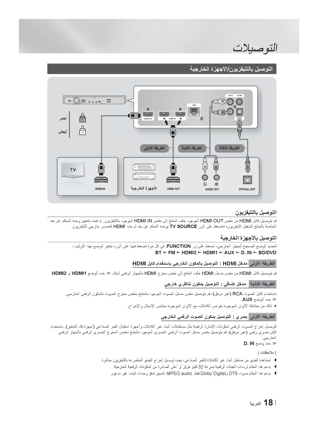 Samsung HT-F6550W/SJ manual ﺔﻳﺟﺭﺎﺧﻟﺍ ﺓﺯﻬﺟﻷﺍ/ﻥﻭﻳﺯﻔﻳﻠﺗﻟﺎﺑ ﻝﻳﺻﻭﺗﻟﺍ, ﺔﻳﺟﺭﺎﺧﻟﺍ ﺓﺯﻬﺟﻷﺎﺑ ﻝﻳﺻﻭﺗﻟﺍ 