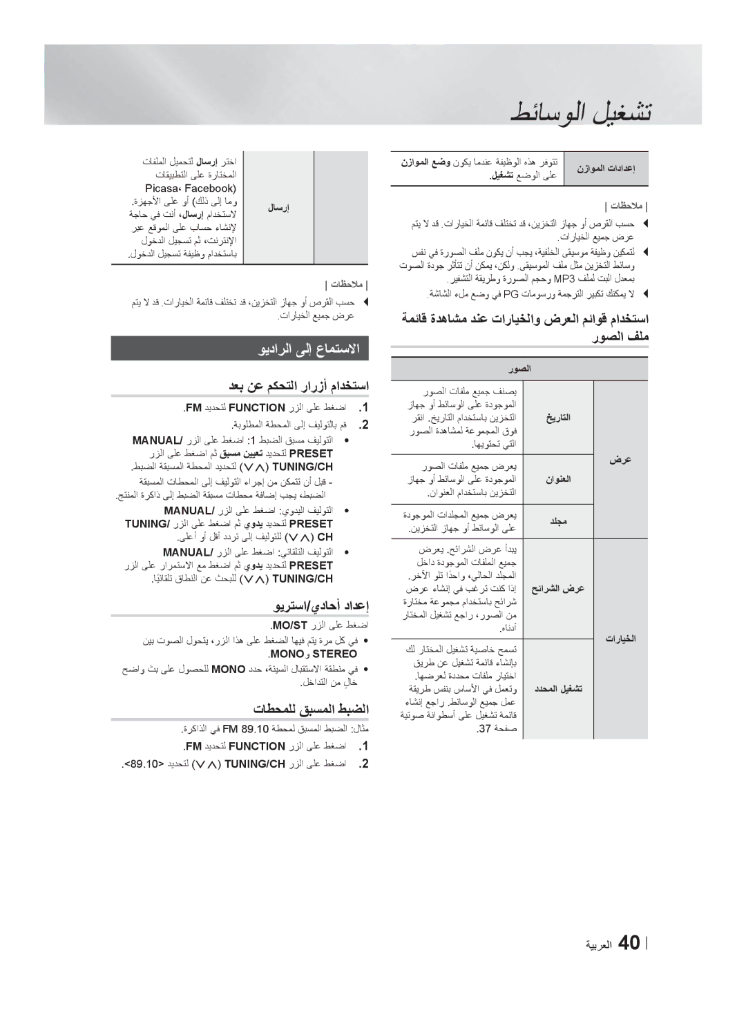 Samsung HT-F6550W/SJ manual ﻭﻳﺩﺍﺭﻟﺍ ﻰﻟﺇ ﻉﺎﻣﺗﺳﻻﺍ, ﺩﻌﺑ ﻥﻋ ﻡﻛﺣﺗﻟﺍ ﺭﺍﺭﺯﺃ ﻡﺍﺩﺧﺗﺳﺍ, ﻭﻳﺭﺗﺳﺍ/ﻱﺩﺎﺣﺃ ﺩﺍﺩﻋﺇ, ﺕﺎﻁﺣﻣﻠﻟ ﻕﺑﺳﻣﻟﺍ ﻁﺑﺿﻟﺍ 