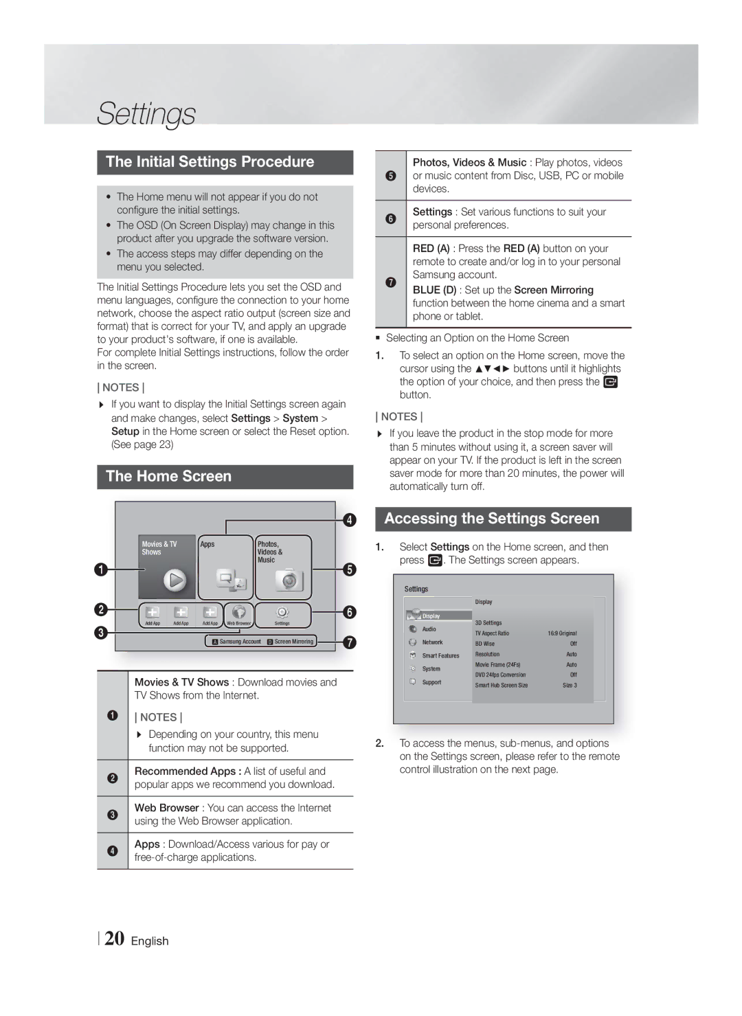 Samsung HT-F6550W/SQ manual Initial Settings Procedure, Home Screen, Accessing the Settings Screen 