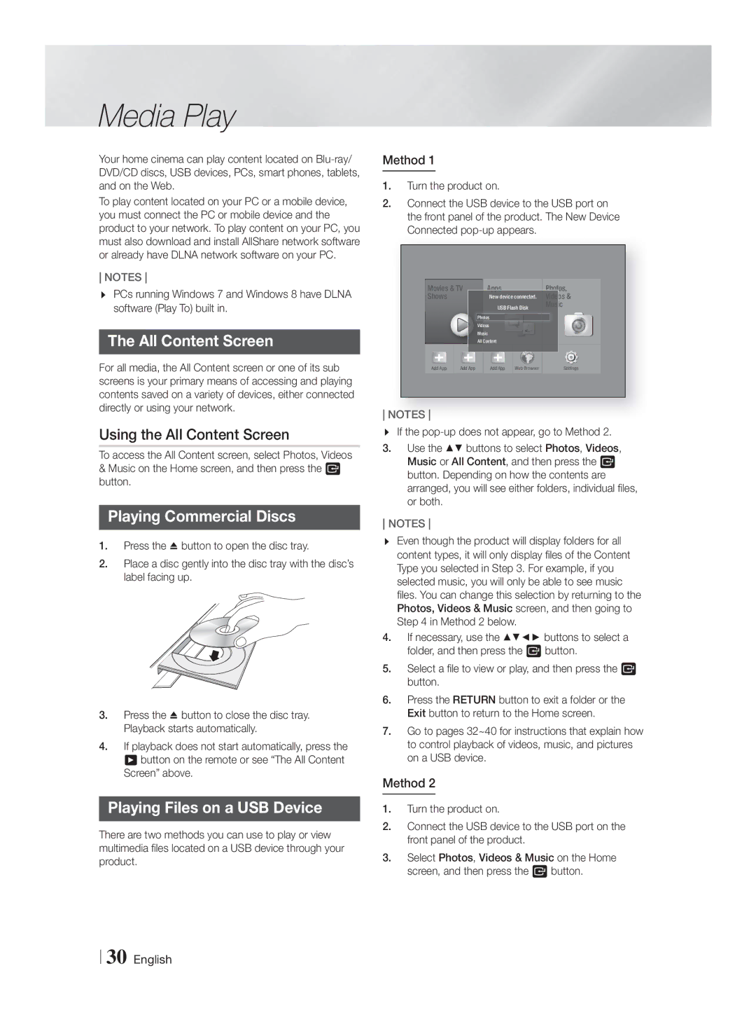 Samsung HT-F6550W/SQ Media Play, Using the All Content Screen, Playing Commercial Discs, Playing Files on a USB Device 