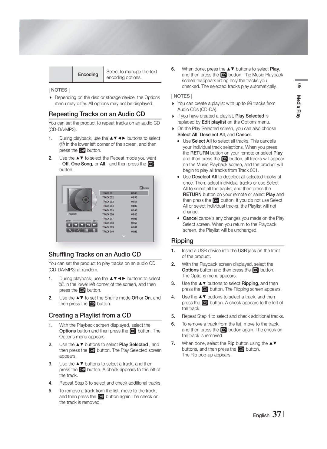 Samsung HT-F6550W/SQ manual Repeating Tracks on an Audio CD, Shuffling Tracks on an Audio CD, Creating a Playlist from a CD 