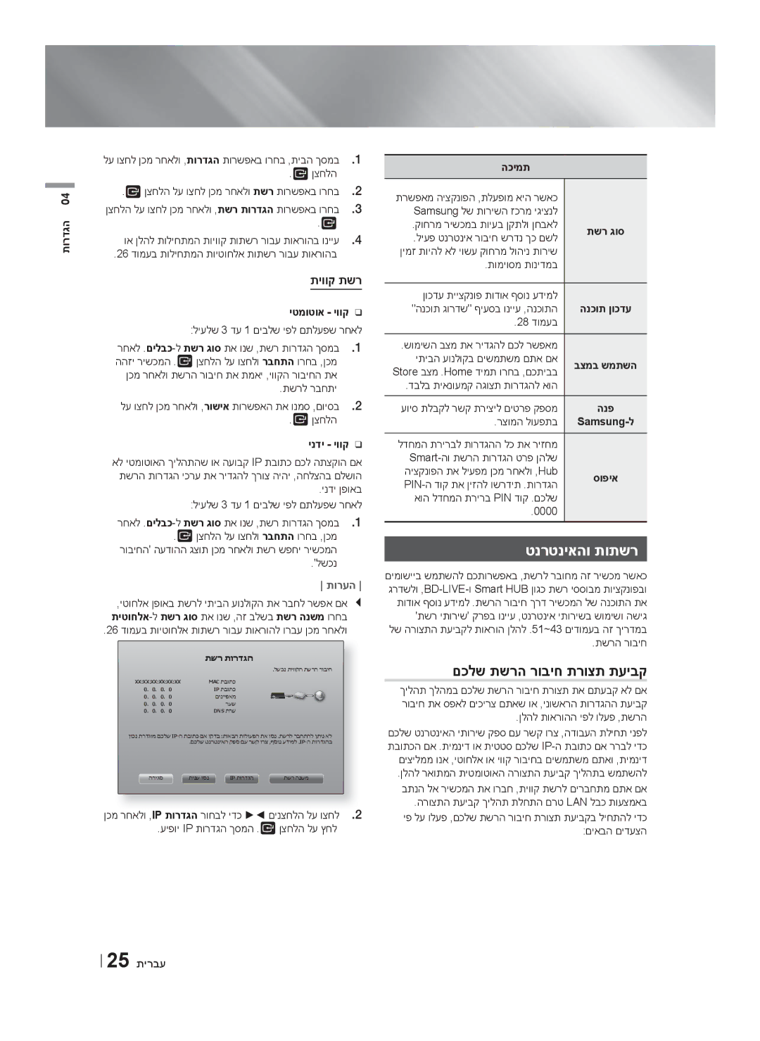 Samsung HT-F6550W/SQ manual טנרטניאהו תותשר, םכלש תשרה רוביח תרוצת תעיבק, תיווק תשר, 25 תירבע 