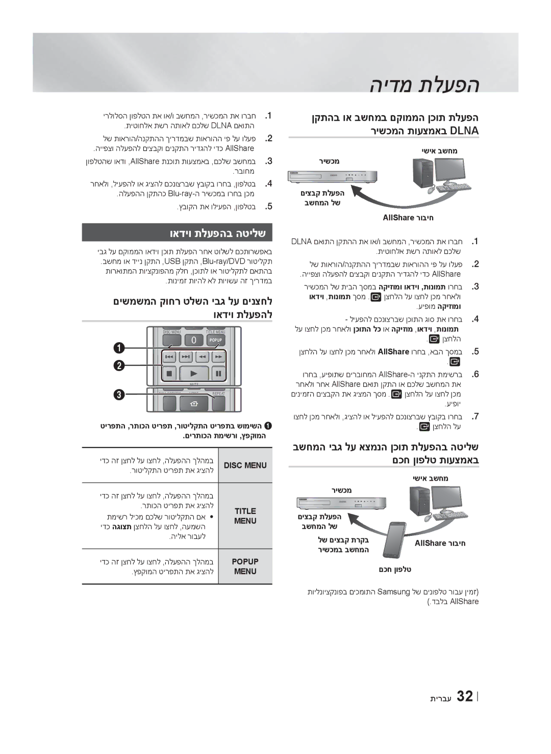 Samsung HT-F6550W/SQ manual ואדיו תלעפהב הטילש, םישמשמה קוחר טלשה יבג לע םינצחל ואדיו תלעפהל, Disc Menu 