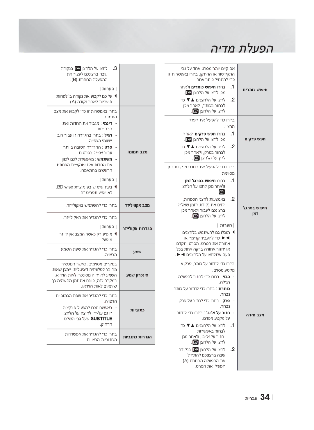 Samsung HT-F6550W/SQ manual תויבותכ תורדגה, רחאלו םירתוכ שופיח ורחב, ןמז לגרסב שופיח ורחב 