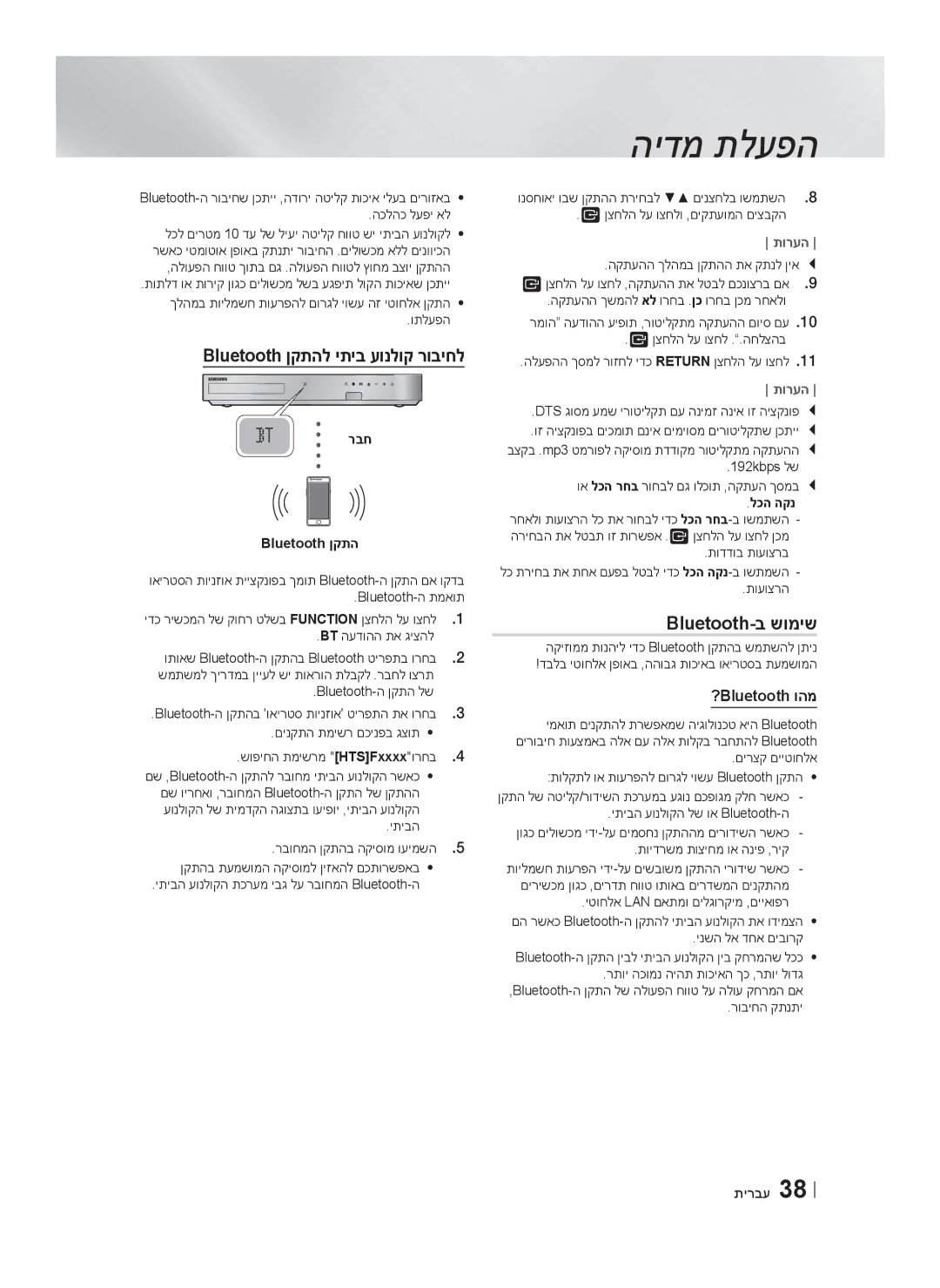 Samsung HT-F6550W/SQ manual Bluetooth-ב שומיש, Bluetooth ןקתהל יתיב עונלוק רוביחל, ?Bluetooth והמ, רבח Bluetooth ןקתה 