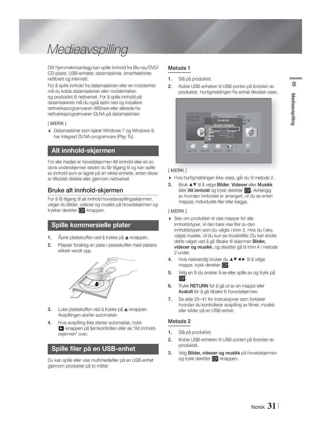 Samsung HT-F6530W/XE manual Medieavspilling, Alt innhold-skjermen, Bruke alt innhold-skjermen, Spille kommersielle plater 