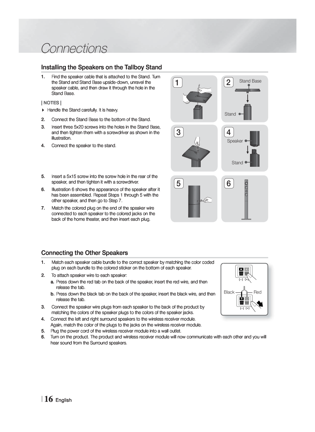 Samsung HT-F9730W Installing the Speakers on the Tallboy Stand, Connecting the Other Speakers, Connections, English, Notes 