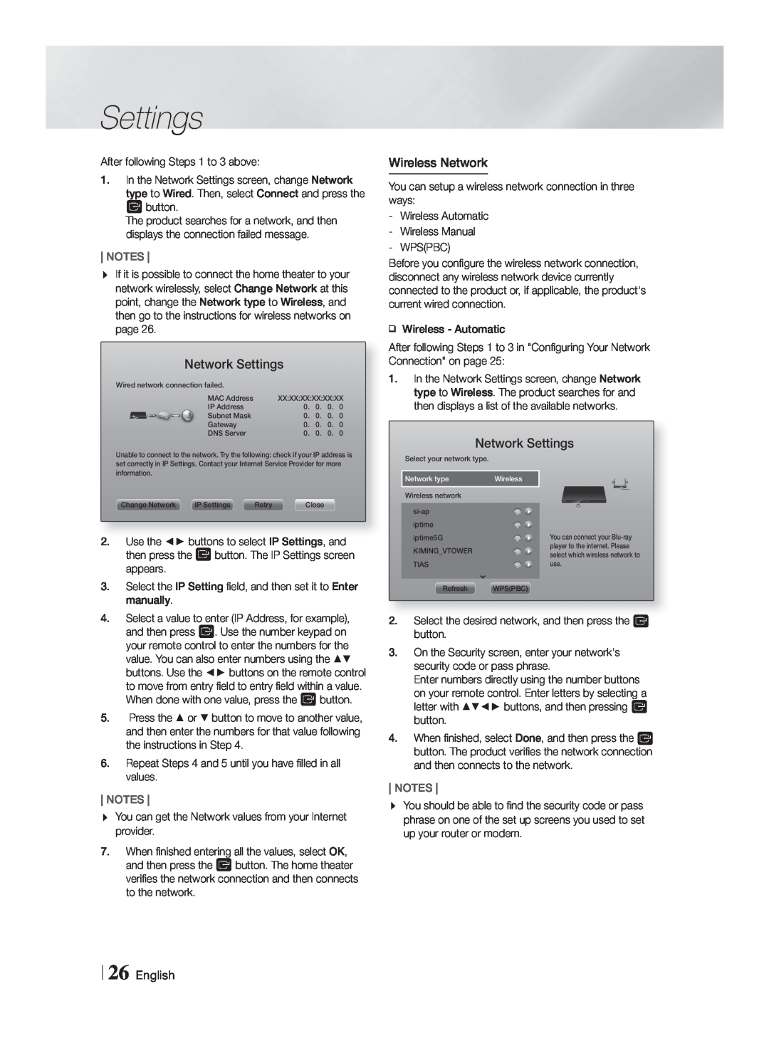 Samsung HT-F9730W/ZA user manual Settings, 26 English, Notes 