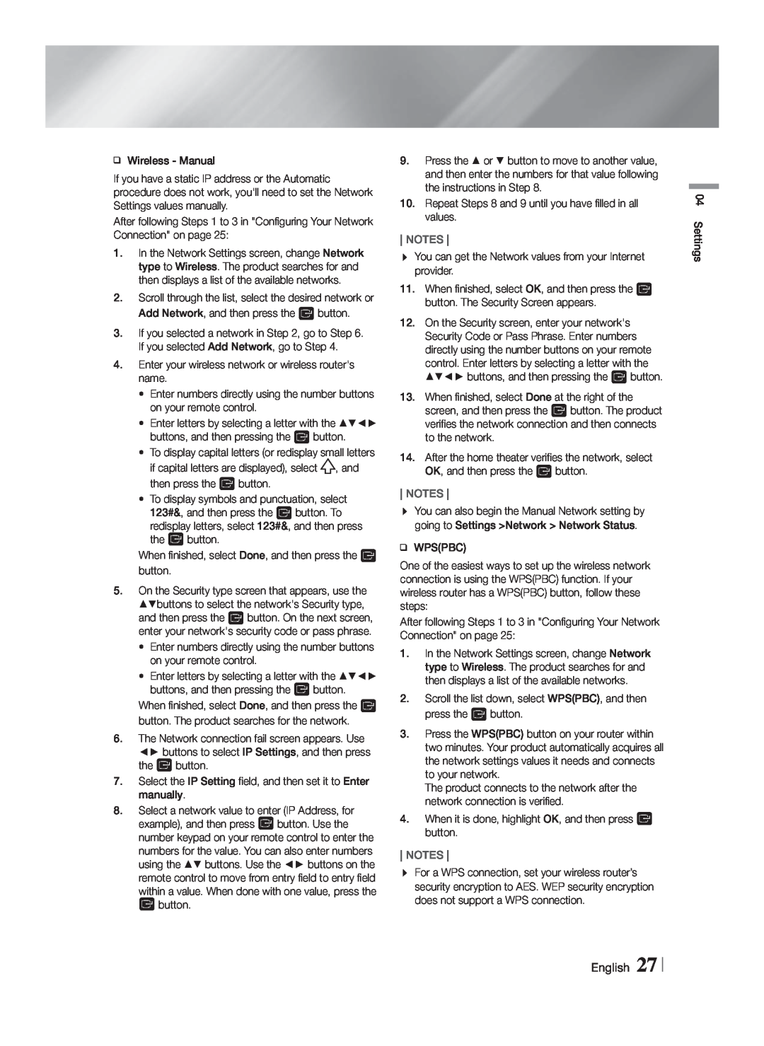 Samsung HT-F9730W/ZA user manual English 27, Notes 
