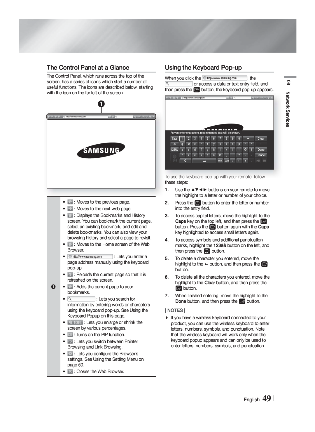 Samsung HT-F9730W/ZA user manual The Control Panel at a Glance, Using the Keyboard Pop-up, English 49, Notes 