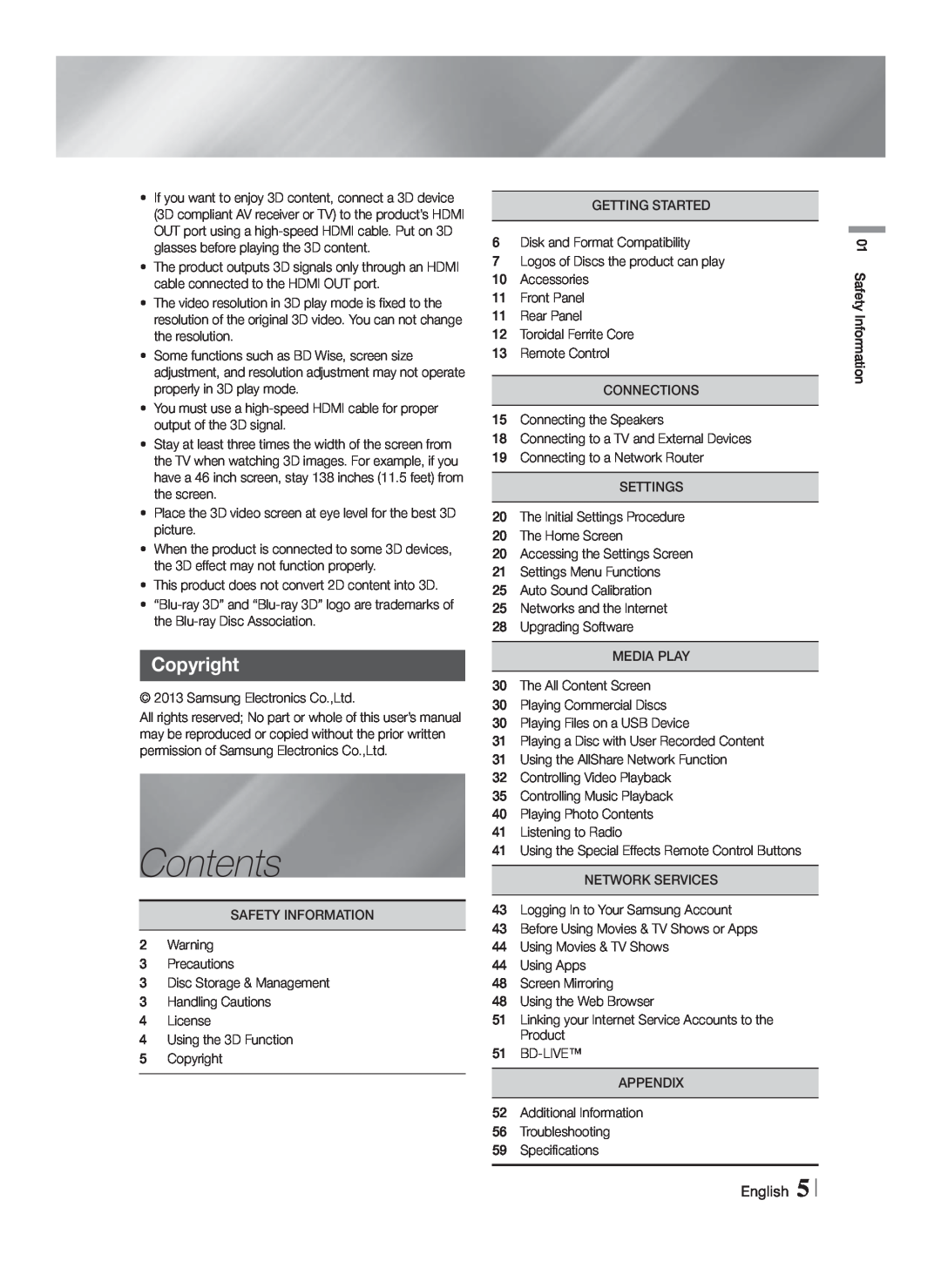 Samsung HT-F9730W/ZA user manual Contents, Copyright, English 