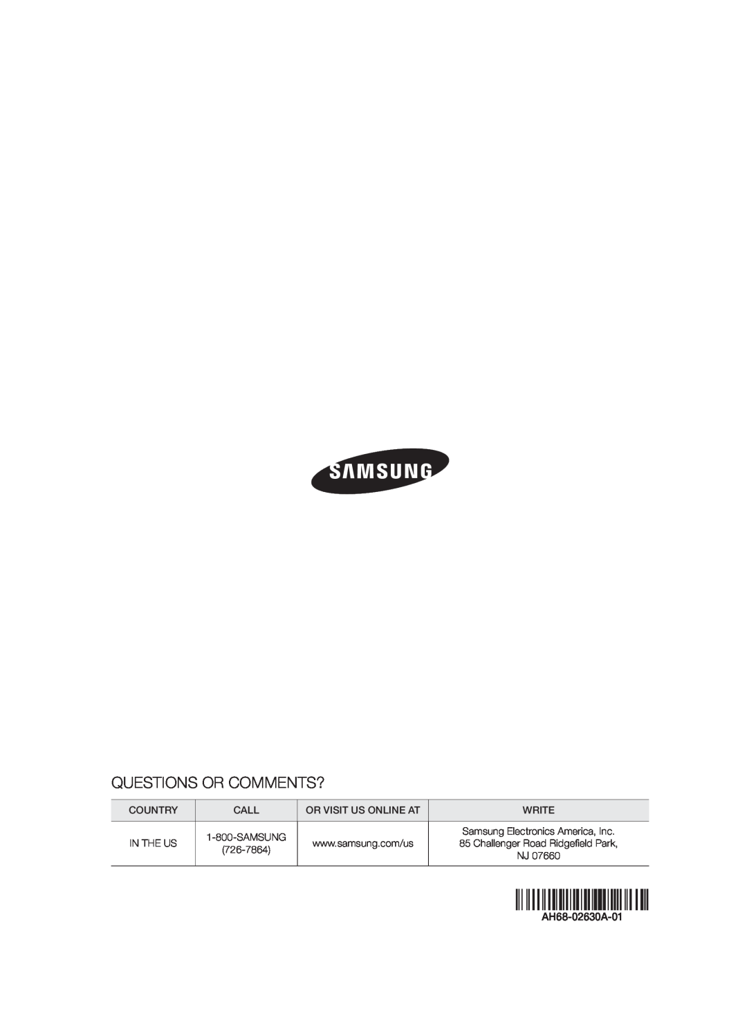 Samsung HT-F9730W/ZA user manual Questions Or Comments?, Country, Call, Write, In The Us, AH68-02630A-01 
