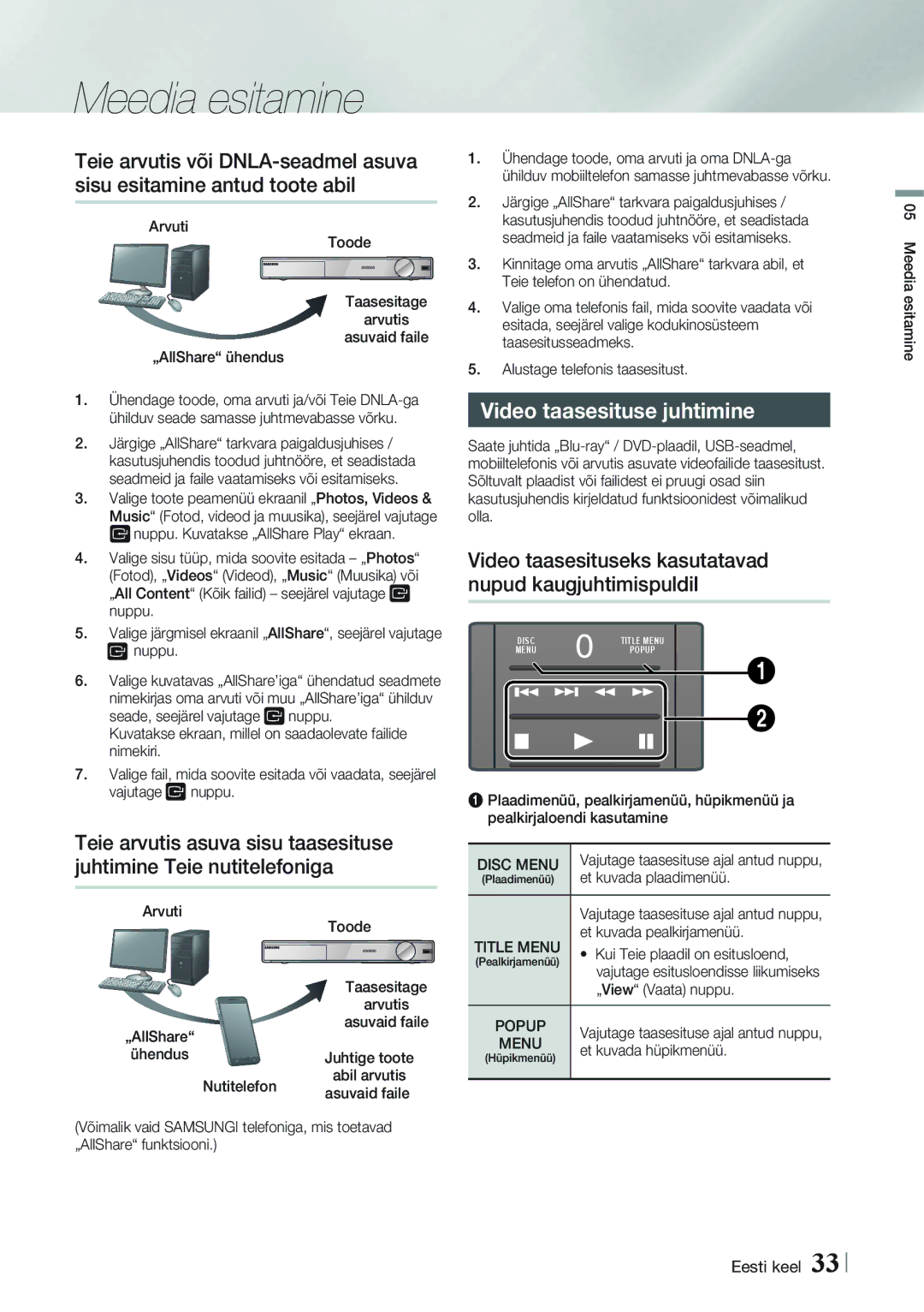 Samsung HT-F9750W/EN manual Video taasesituse juhtimine, Disc Menu 