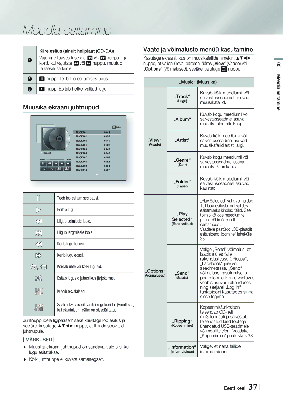 Samsung HT-F9750W/EN manual Muusika ekraani juhtnupud 