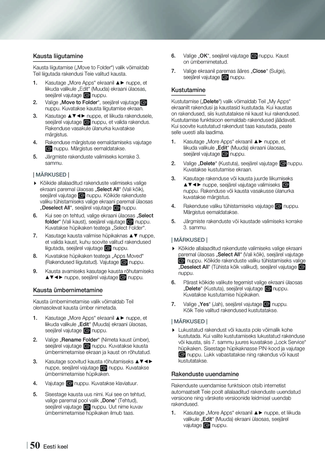 Samsung HT-F9750W/EN manual Kausta liigutamine, Kausta ümbernimetamine, Kustutamine, Rakenduste uuendamine 