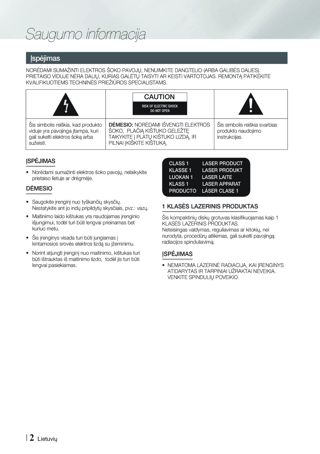 Samsung HT-F9750W/EN manual Saugumo informacija, ŠOKO, Plačią Kištuko Geležtę, Taikykite Į Platų Kištuko LIZDĄ, IR 