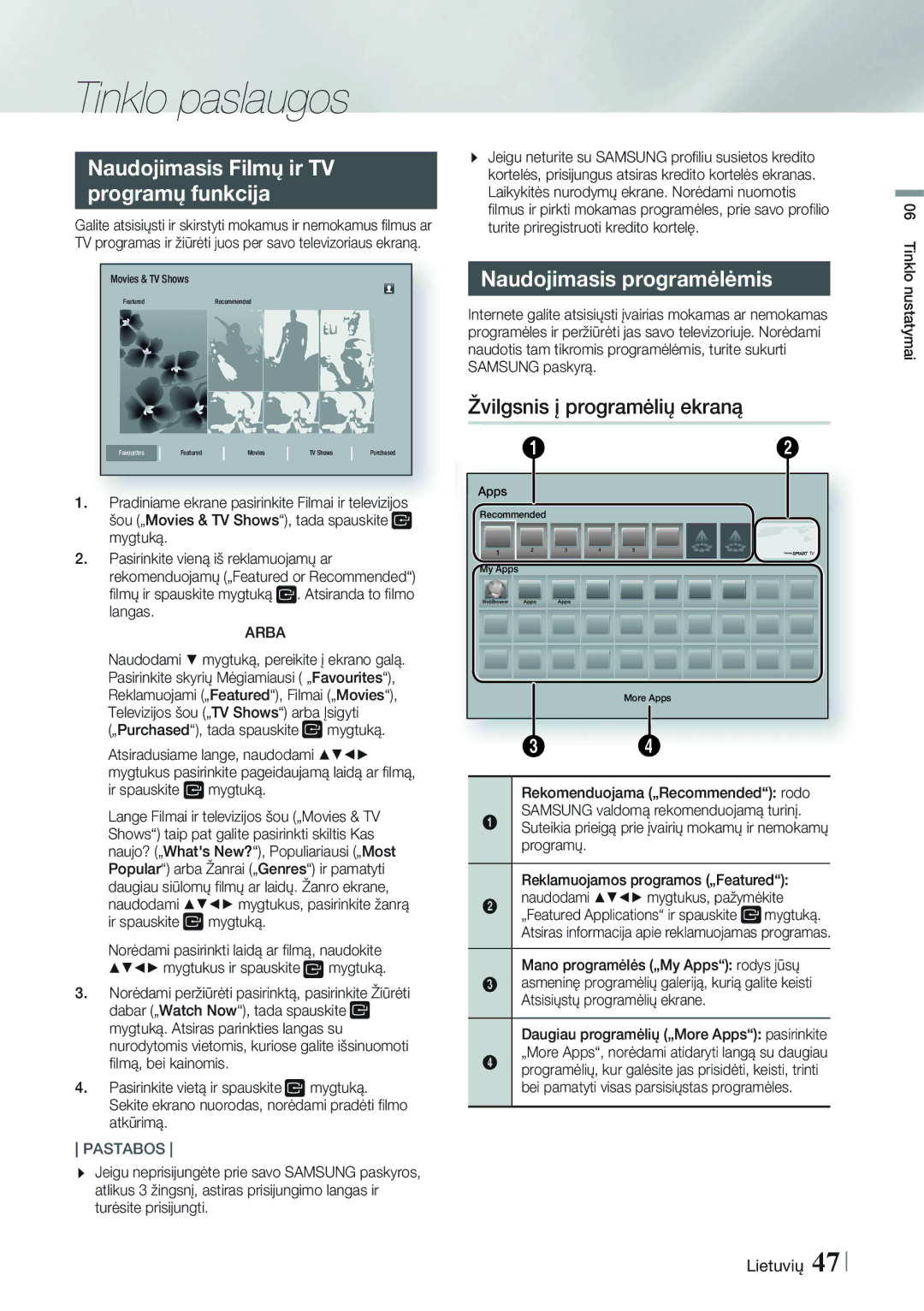 Samsung HT-F9750W/EN manual Naudojimasis Filmų ir TV Programų funkcija, Naudojimasis programėlėmis, Arba 