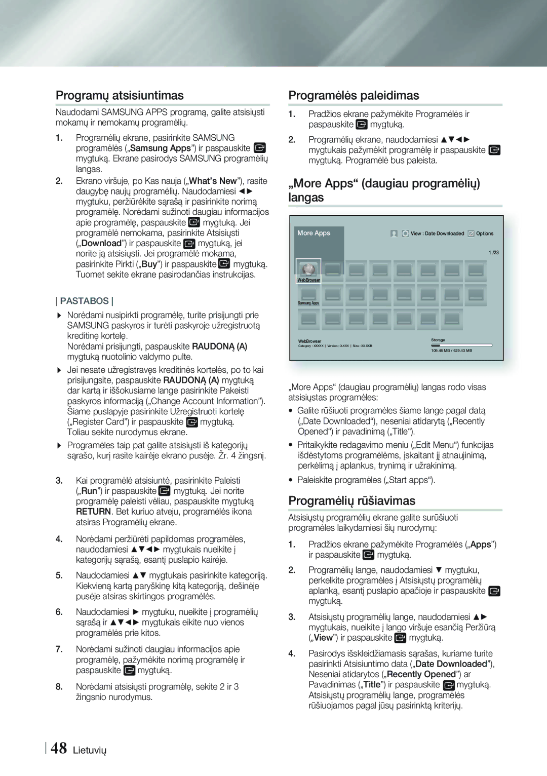 Samsung HT-F9750W/EN manual Programų atsisiuntimas, Programėlės paleidimas, „More Apps daugiau programėlių langas 