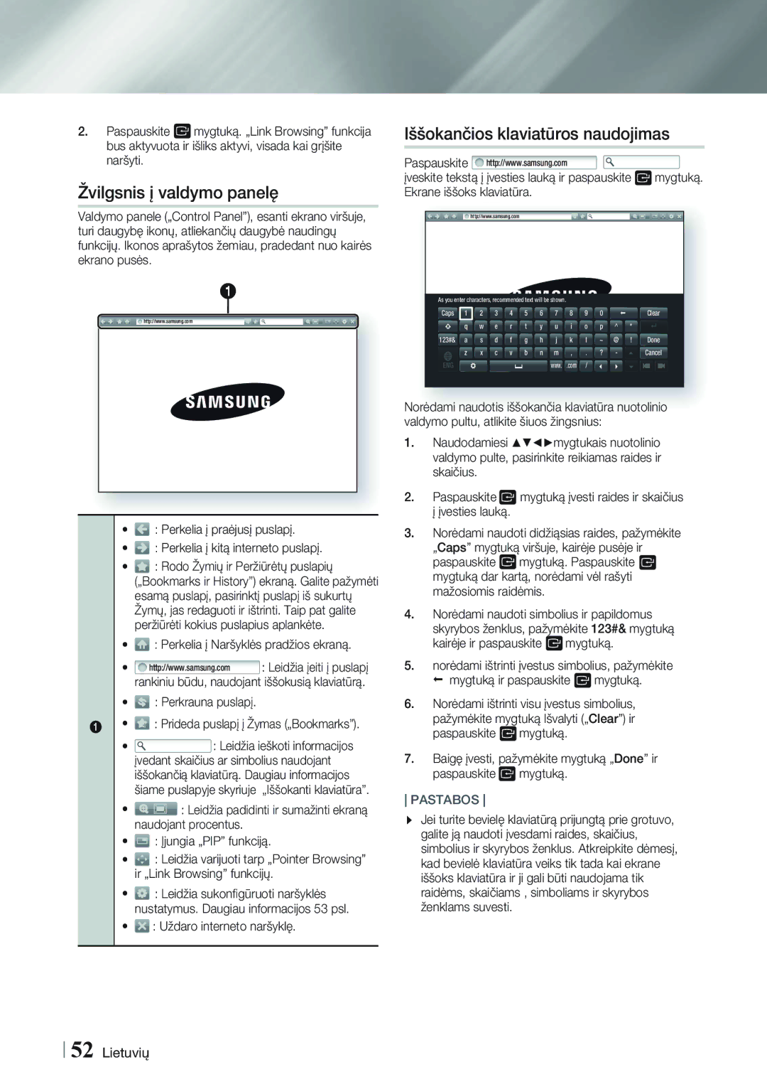 Samsung HT-F9750W/EN manual Žvilgsnis į valdymo panelę, Iššokančios klaviatūros naudojimas, Uždaro interneto naršyklę 