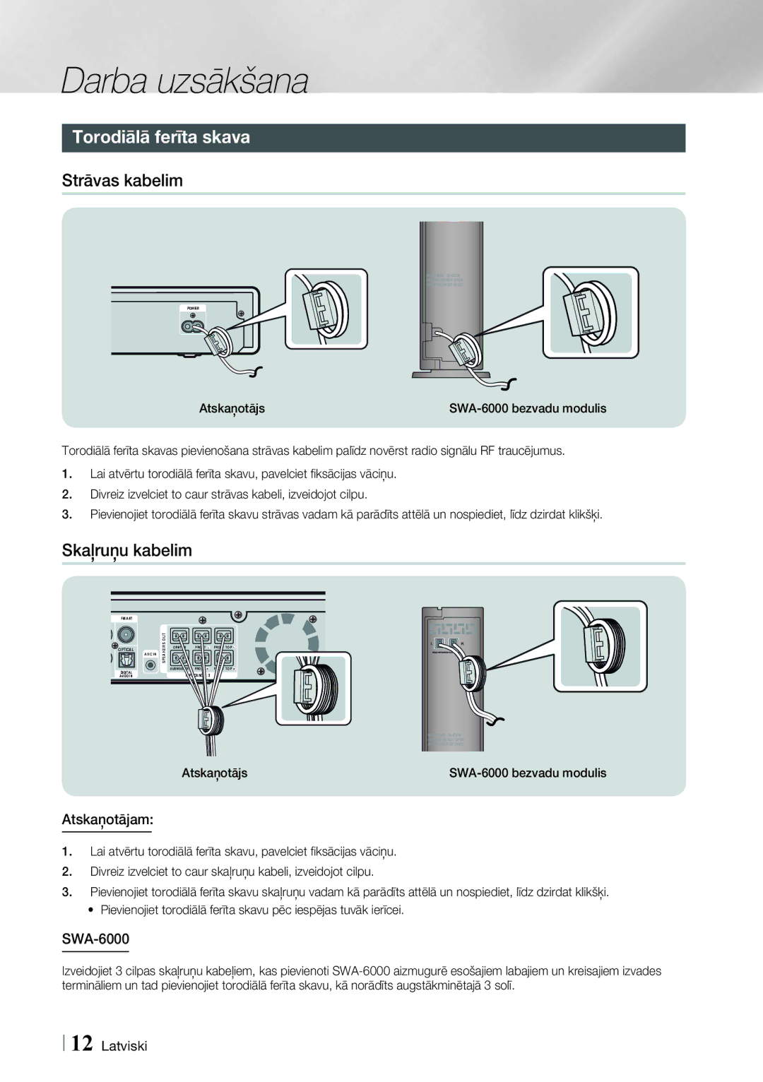 Samsung HT-F9750W/EN manual Torodiālā ferīta skava, Strāvas kabelim, Skaļruņu kabelim, Atskaņotājam, SWA-6000 