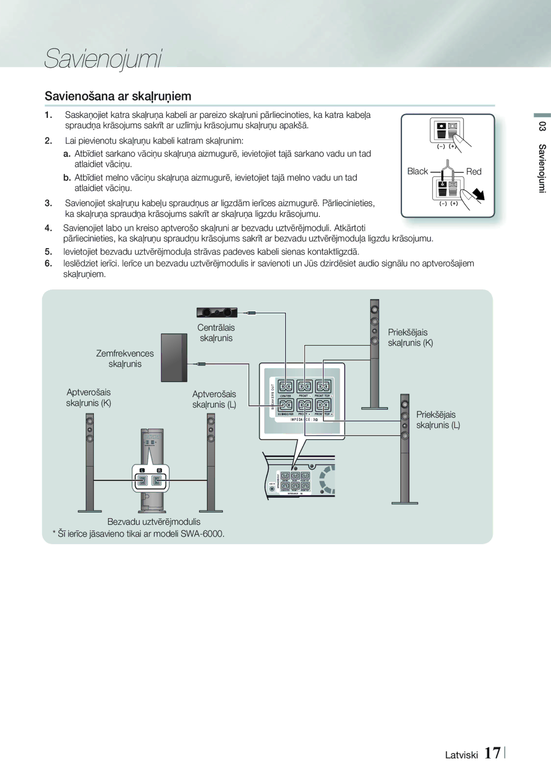 Samsung HT-F9750W/EN manual Savienošana ar skaļruņiem, Centrālais Skaļrunis Aptverošais Skaļrunis L 