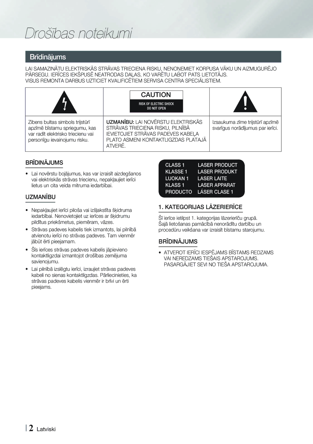 Samsung HT-F9750W/EN Drošības noteikumi, Strāvas Trieciena RISKU, Pilnībā, Ievietojiet Strāvas Padeves Kabeļa, Atverē 