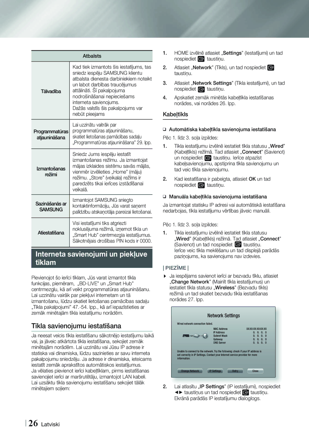 Samsung HT-F9750W/EN manual Interneta savienojumi un piekļuve Tīklam, Tīkla savienojumu iestatīšana, Kabeļtīkls 
