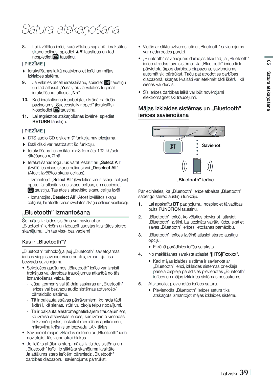 Samsung HT-F9750W/EN manual „Bluetooth izmantošana, Mājas izklaides sistēmas un „Bluetooth ierīces savienošana 