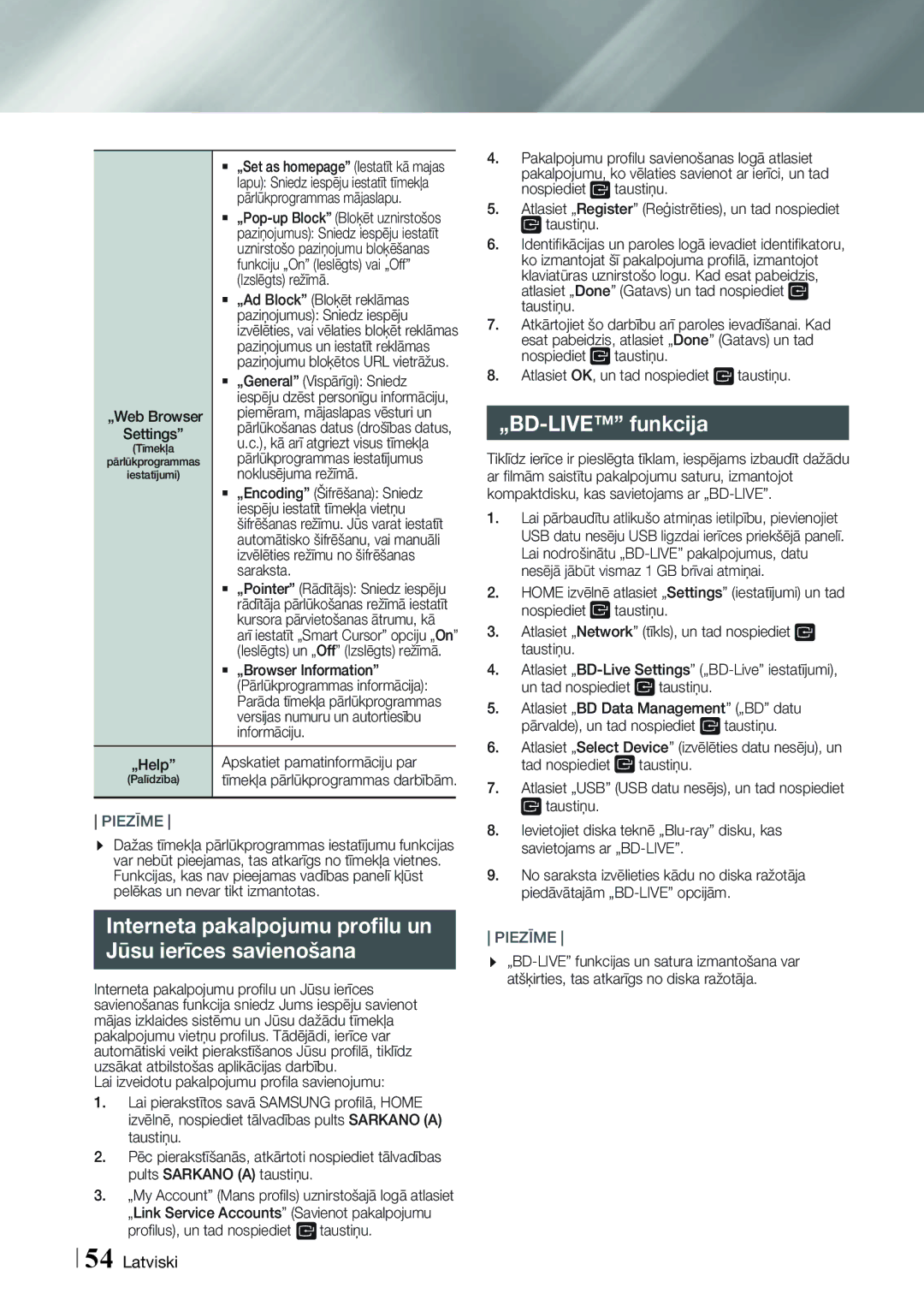 Samsung HT-F9750W/EN manual Interneta pakalpojumu proﬁlu un Jūsu ierīces savienošana, „BD-LIVE funkcija 