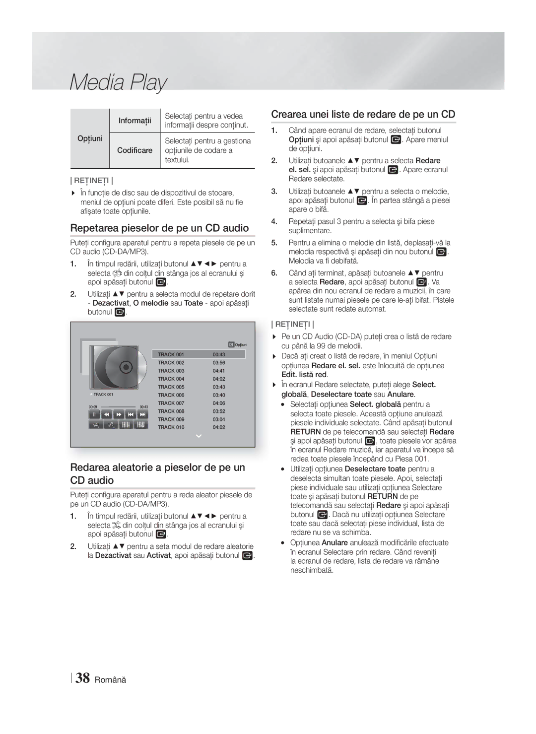 Samsung HT-F9750W/EN manual Repetarea pieselor de pe un CD audio, Redarea aleatorie a pieselor de pe un CD audio, 38 Română 