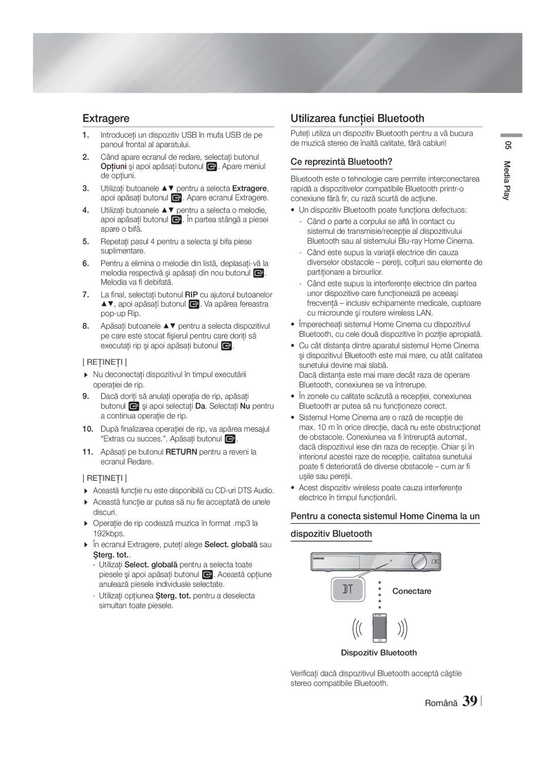 Samsung HT-F9750W/EN manual Extragere, Utilizarea funcţiei Bluetooth, Ce reprezintă Bluetooth? 