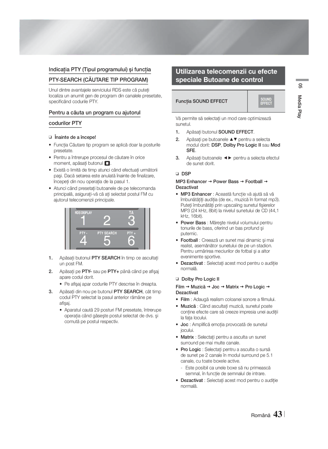 Samsung HT-F9750W/EN manual Indicaţia PTY Tipul programului şi funcţia, Pentru a căuta un program cu ajutorul Codurilor PTY 