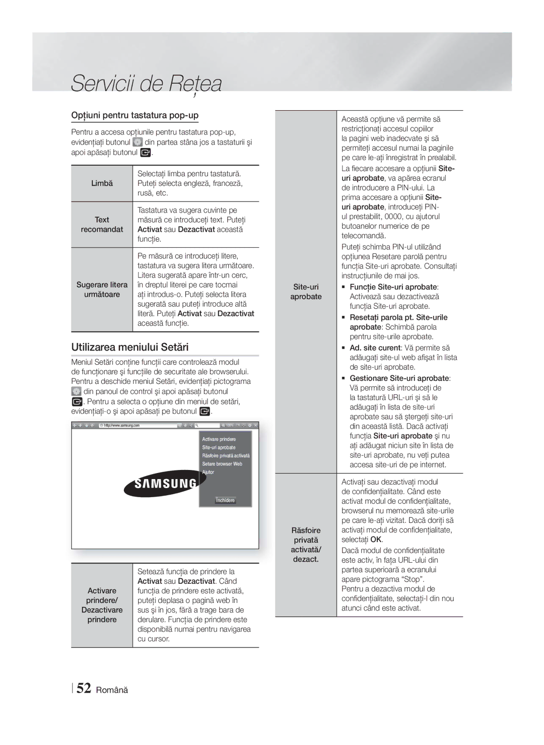 Samsung HT-F9750W/EN manual Utilizarea meniului Setări, Opţiuni pentru tastatura pop-up, 52 Română 