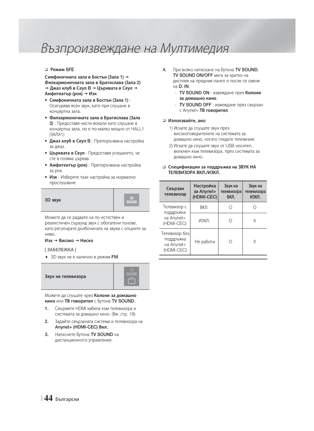 Samsung HT-F9750W/EN manual 44 Български, Звук на телевизора 