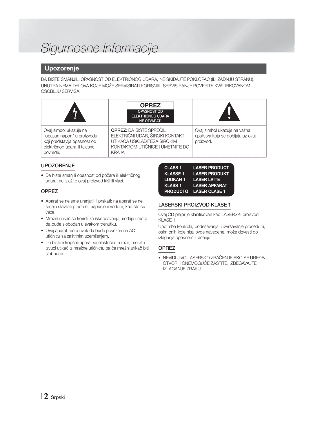 Samsung HT-F9750W/EN manual Sigurnosne Informacije, Upozorenje, Srpski 