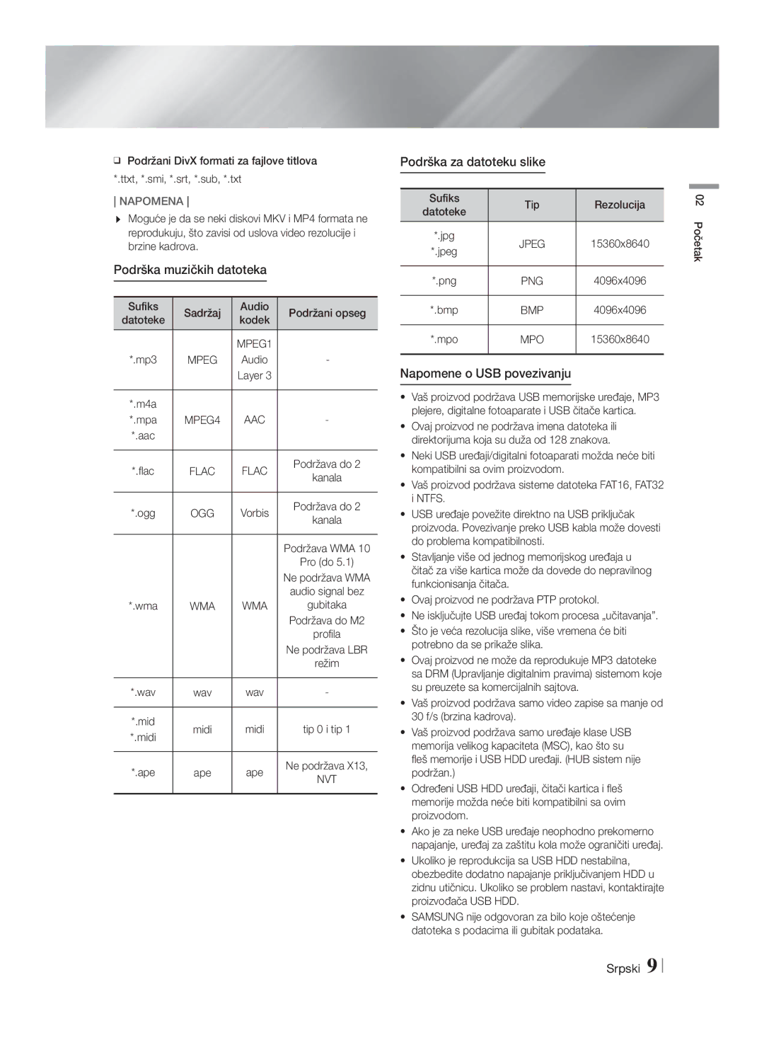 Samsung HT-F9750W/EN manual Podrška muzičkih datoteka, Podrška za datoteku slike, Napomene o USB povezivanju 