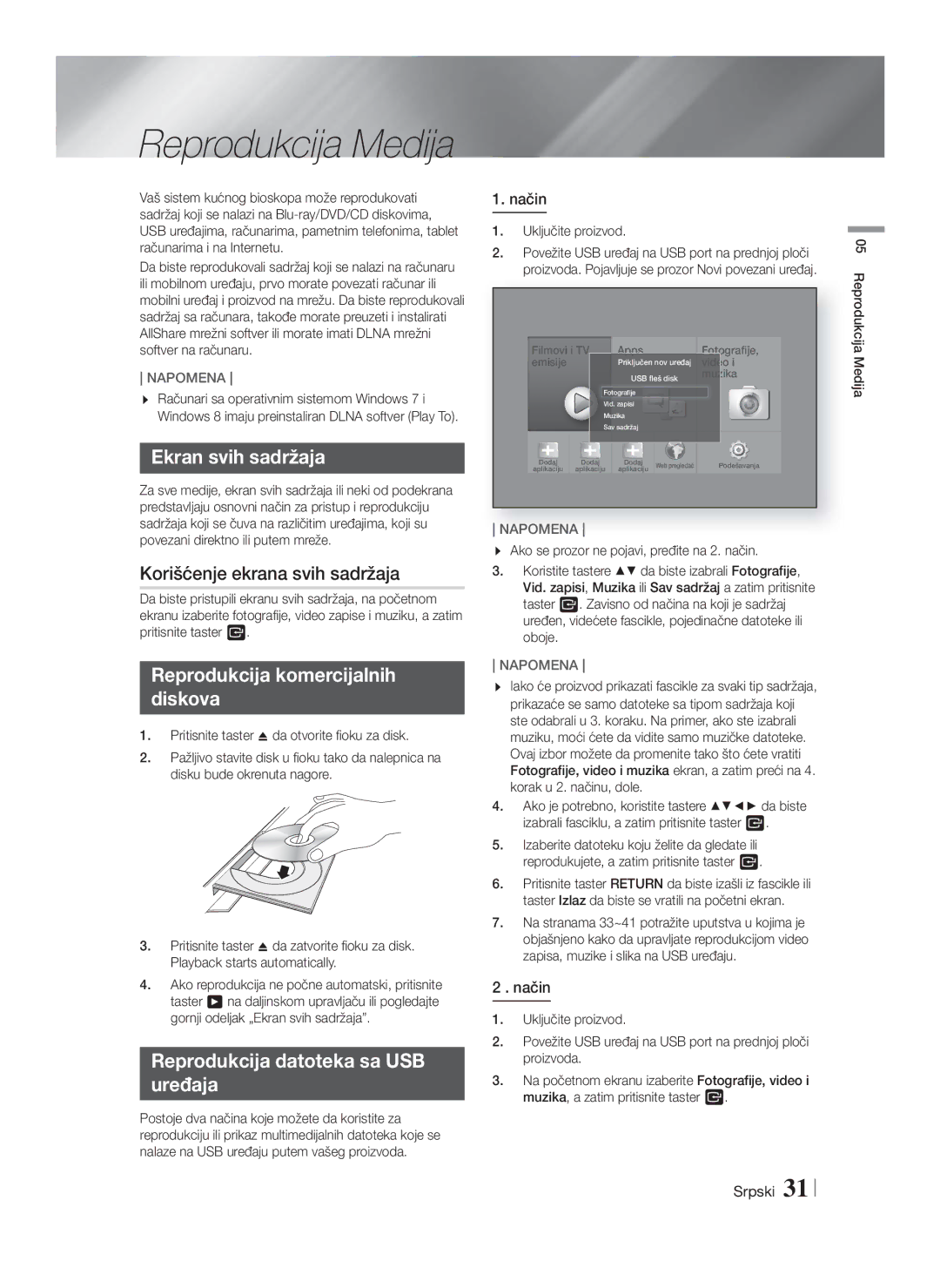 Samsung HT-F9750W/EN manual Ekran svih sadržaja, Korišćenje ekrana svih sadržaja, Reprodukcija komercijalnih Diskova, Način 