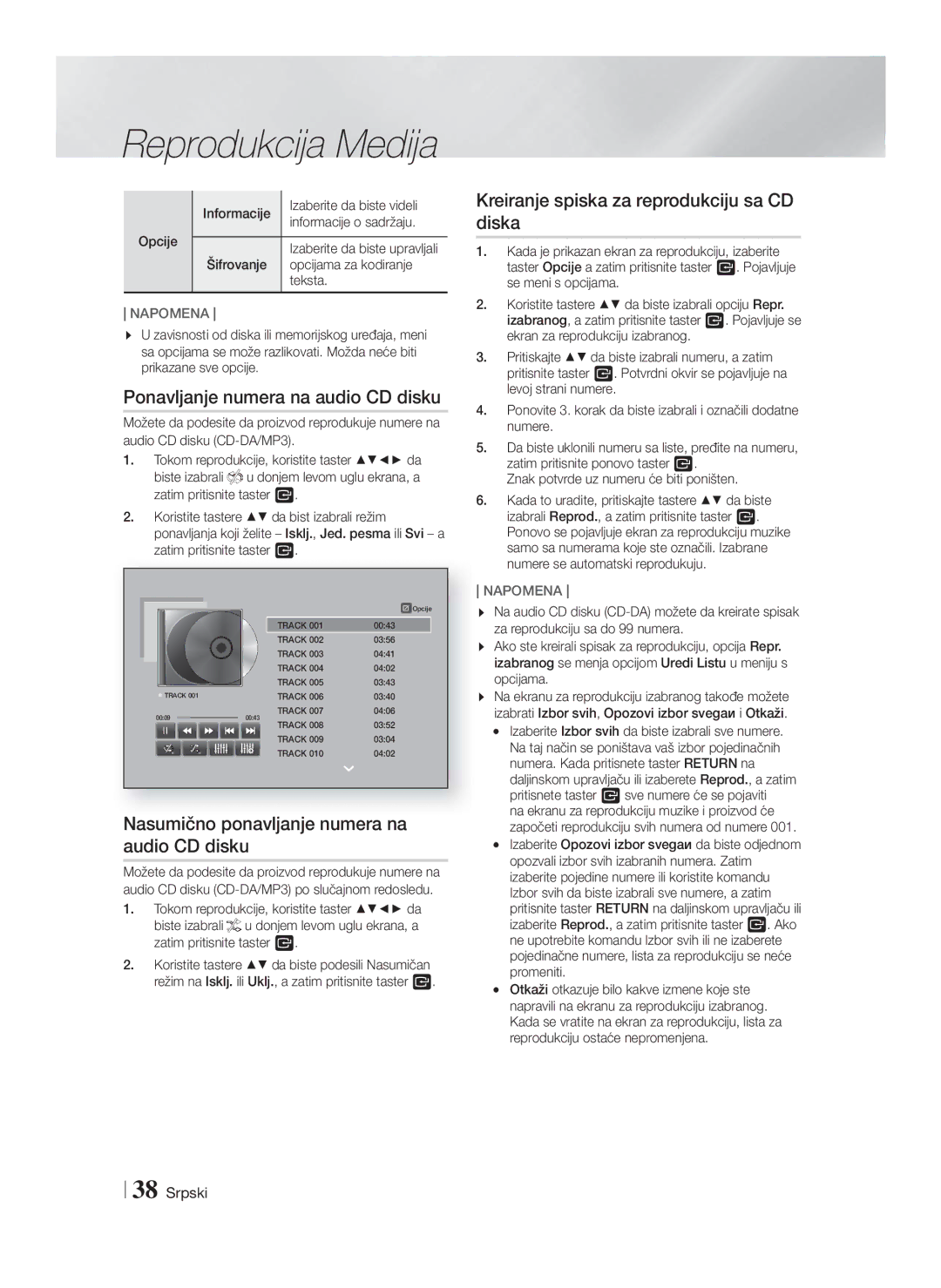 Samsung HT-F9750W/EN manual Ponavljanje numera na audio CD disku, Nasumično ponavljanje numera na audio CD disku, Teksta 