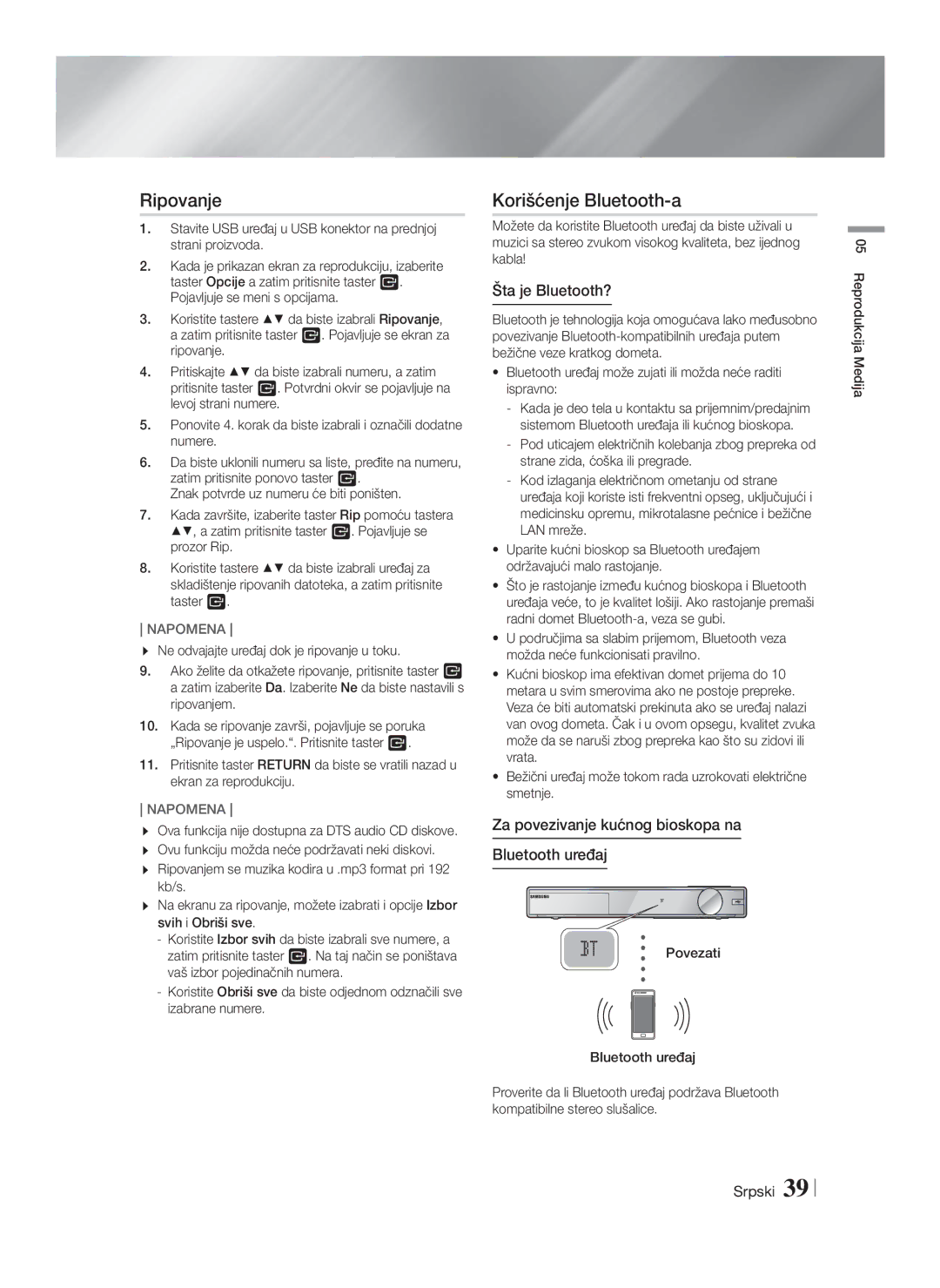 Samsung HT-F9750W/EN manual Ripovanje, Korišćenje Bluetooth-a, Šta je Bluetooth? 