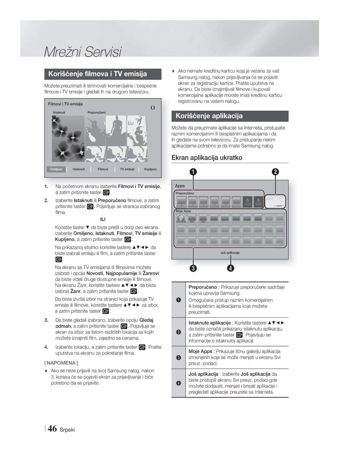 Samsung HT-F9750W/EN manual Korišćenje filmova i TV emisija, Korišćenje aplikacija, Ekran aplikacija ukratko, Ili 