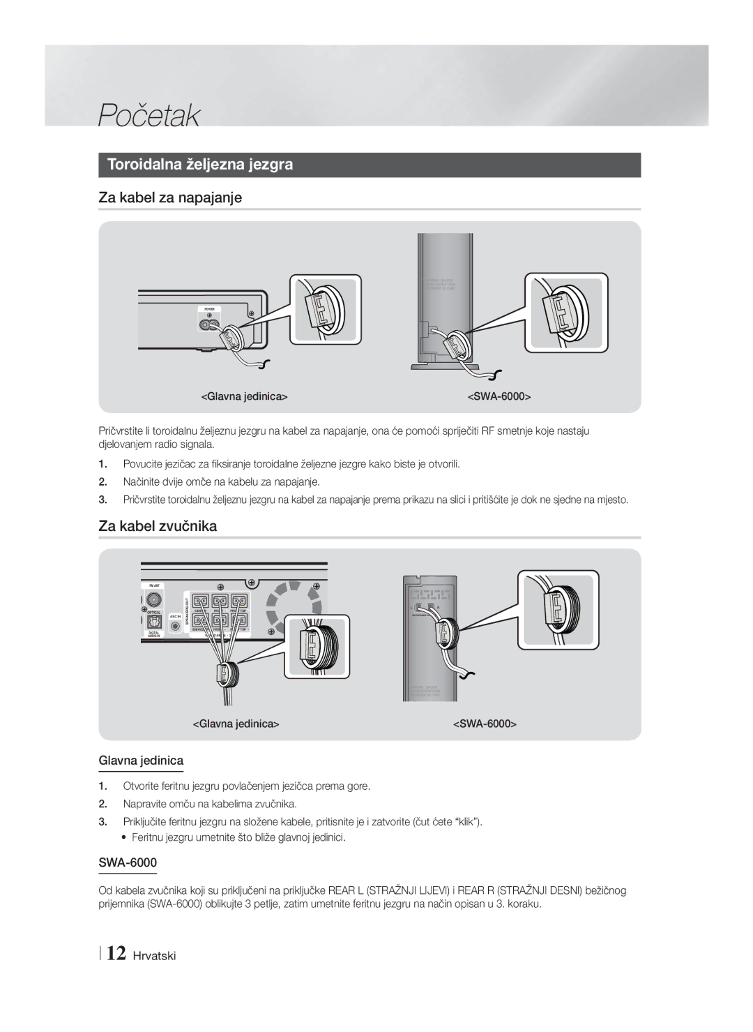 Samsung HT-F9750W/EN manual Za kabel za napajanje, Za kabel zvučnika, Glavna jedinica SWA-6000 