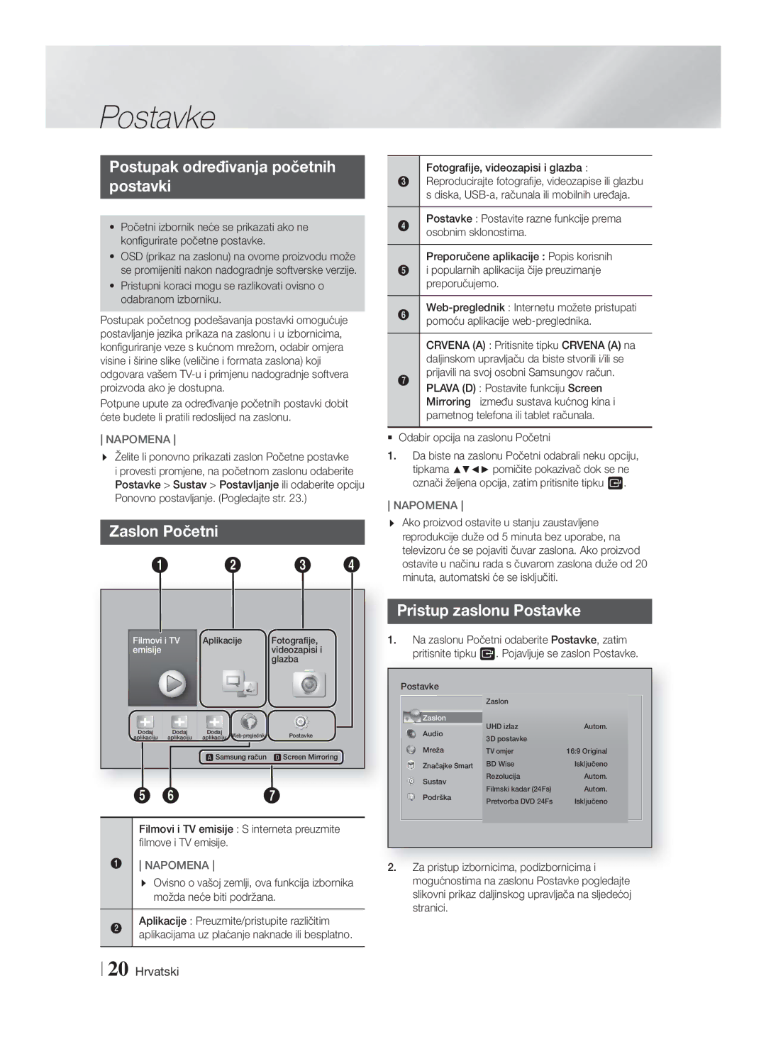 Samsung HT-F9750W/EN manual Postupak određivanja početnih Postavki, Zaslon Početni, Pristup zaslonu Postavke 