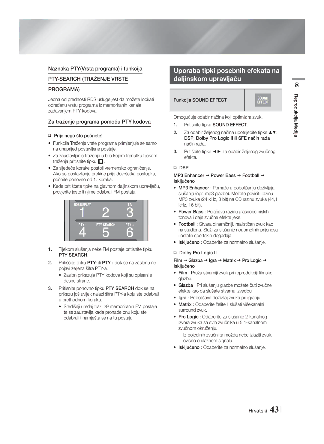 Samsung HT-F9750W/EN manual Uporaba tipki posebnih efekata na Daljinskom upravljaču, Naznaka PTYVrsta programa i funkcija 