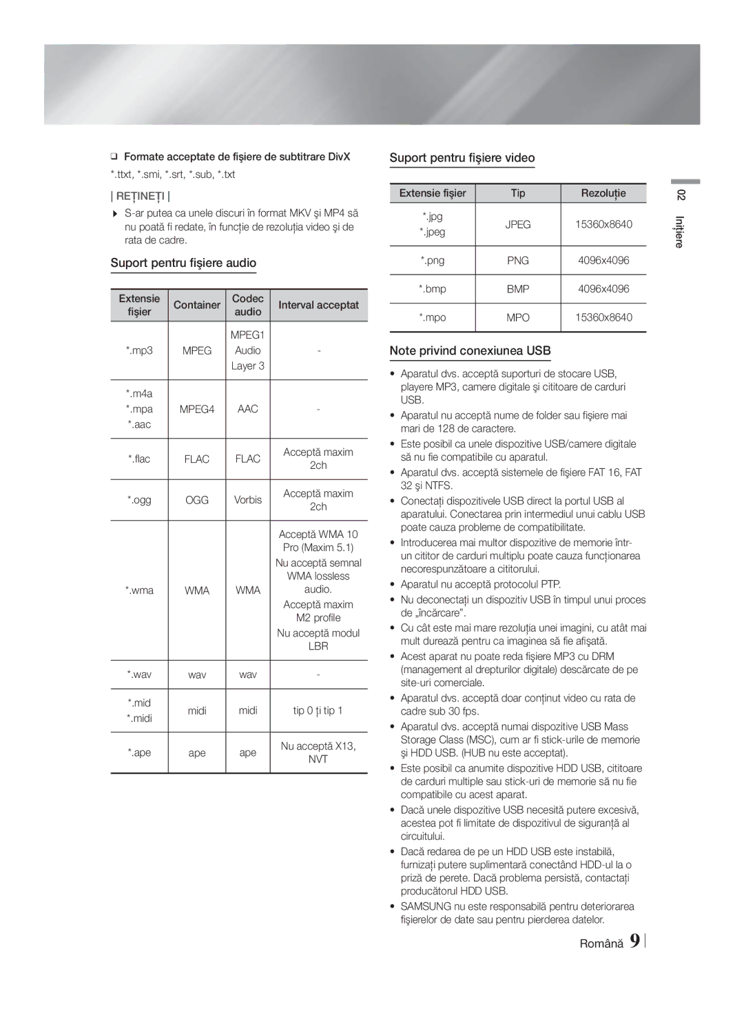 Samsung HT-F9750W/EN manual Suport pentru fişiere audio, Extensie Container Codec Interval acceptat, Audio 