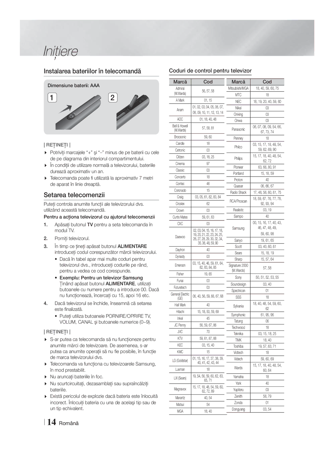 Samsung HT-F9750W/EN manual Instalarea bateriilor în telecomandă, Setarea telecomenzii, Coduri de control pentru televizor 