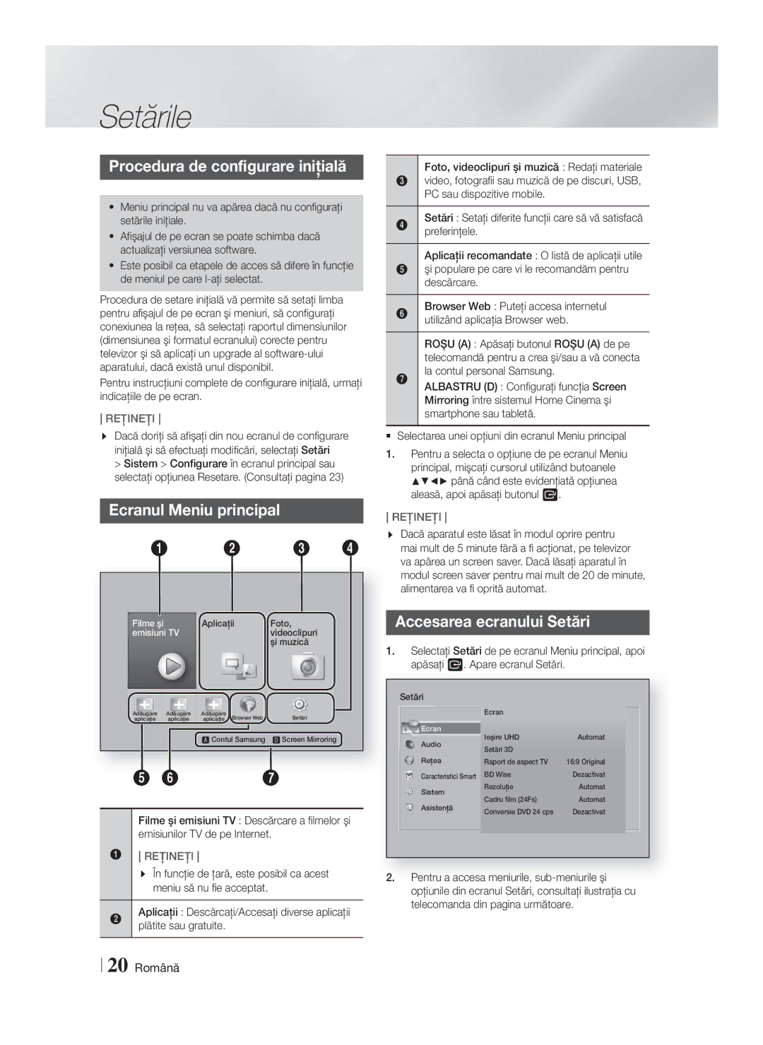 Samsung HT-F9750W/EN Setările, Procedura de configurare iniţială, Ecranul Meniu principal, Accesarea ecranului Setări 